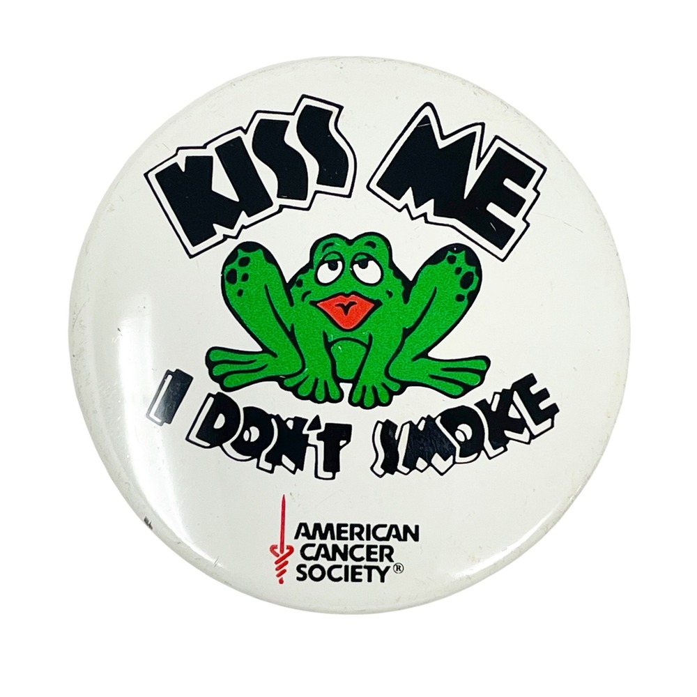 American Cancer Society Pinback Button White Green Kiss Me Frog Vintage